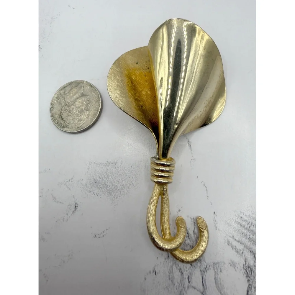 Vintage Gold Tone Umbrella Brooch‎ Large 3
